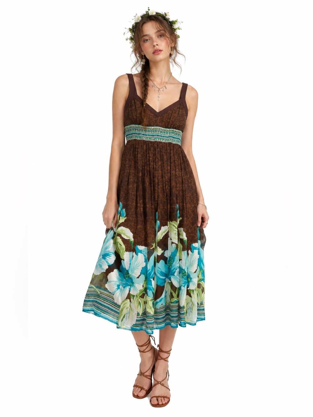 Vintage Y2K Earthy Floral Midi Dress 100% Silk Beaded Pleated Goblincore Fairy